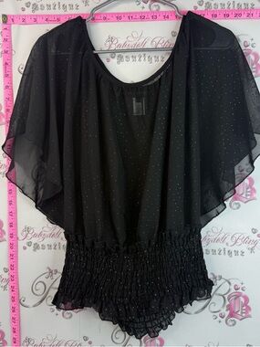 Candy couture T-shirt, Black Sparkle Flutter Sleeve Blouse with Shirred Waist